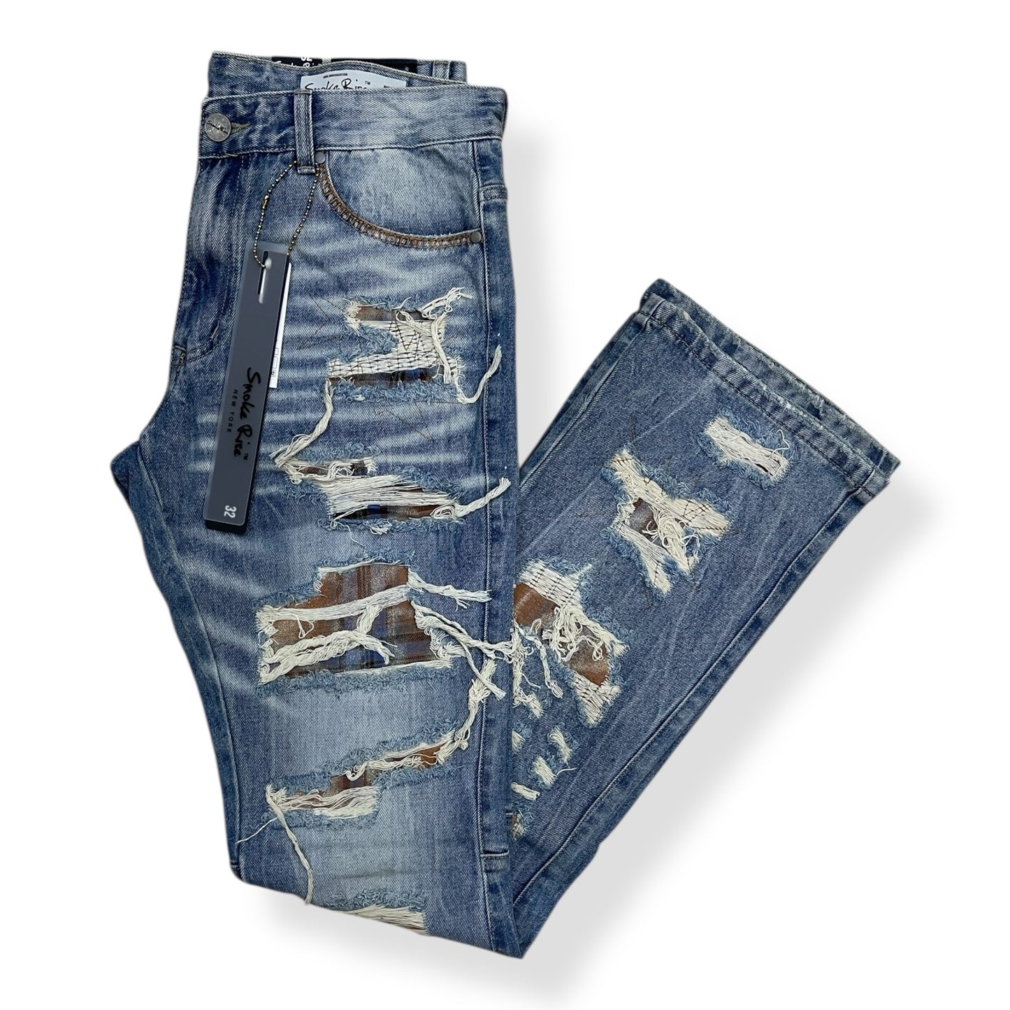 JP25644 - Legacy Brigade Grandeur Plaid Lazy Flare Stacked Denim Jeans