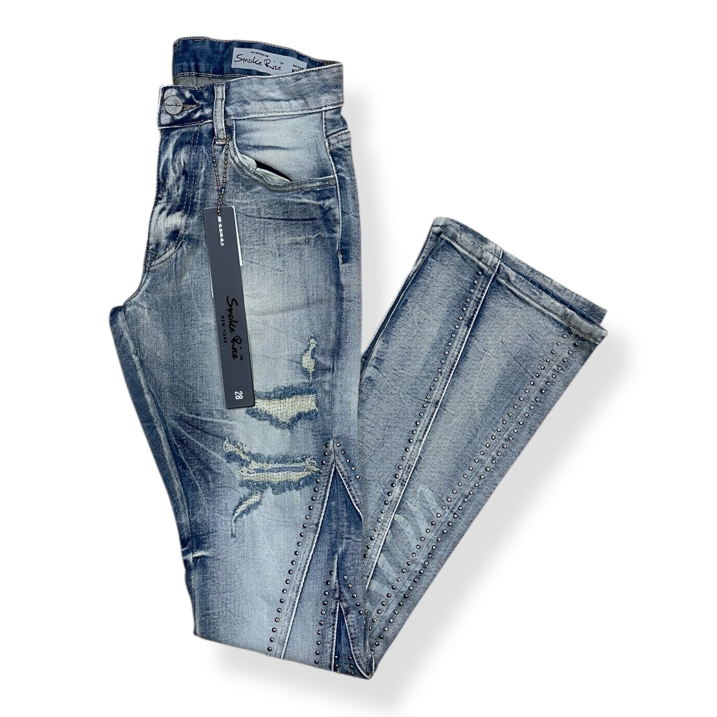 JP25637 - Barbwire Rhinestone Flare Stacked Denim Jeans