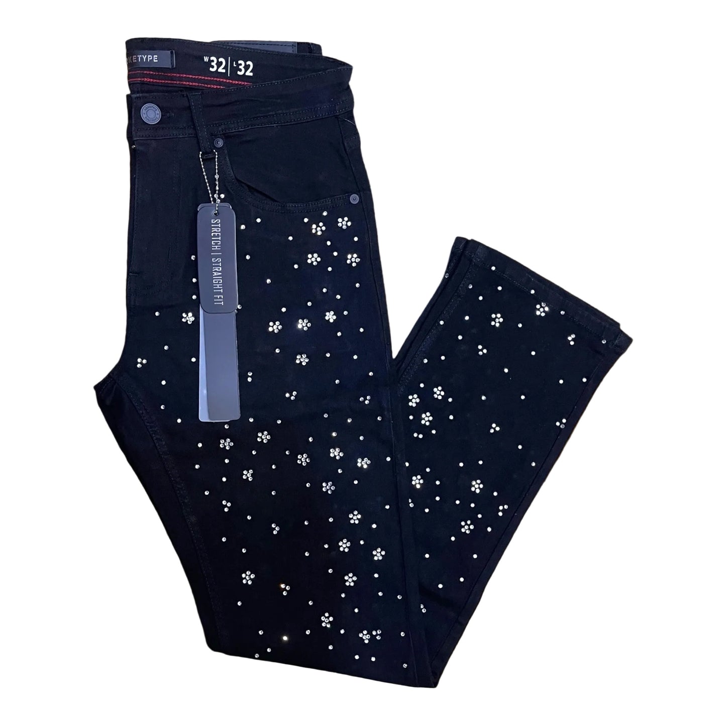 P546 - Floral Pattern W/ All Over Rhinestone Straight-Fit Stretch Jeans