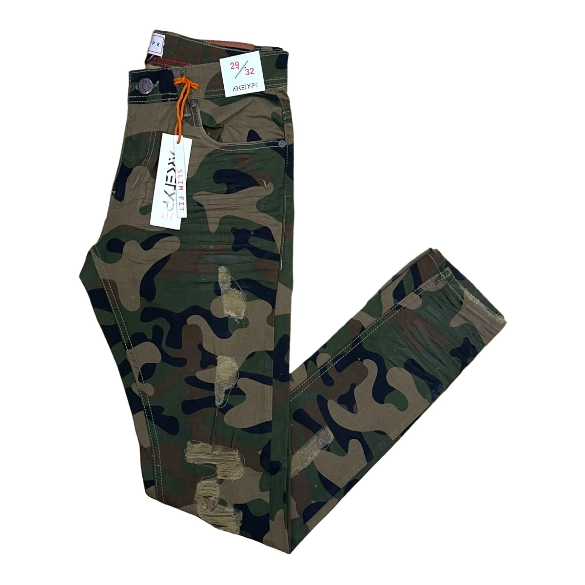 Arketype Core ripped slim-fit stretch jeans in green camouflage print