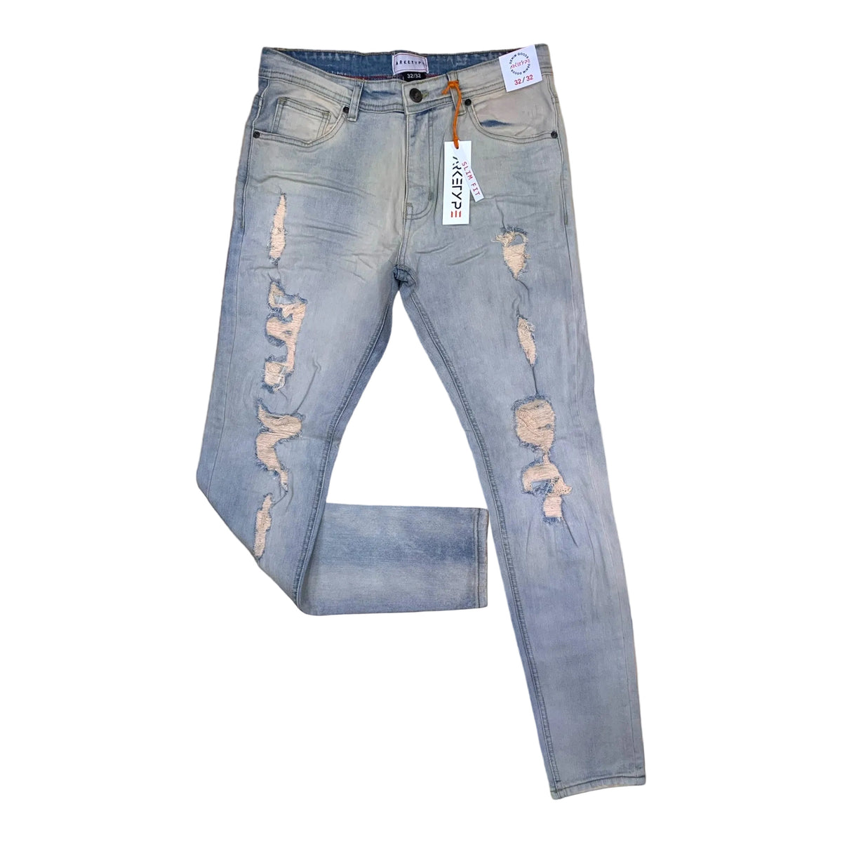 Arketype Core Ripped Slim-Fit Stretch Jeans in light blue denim.