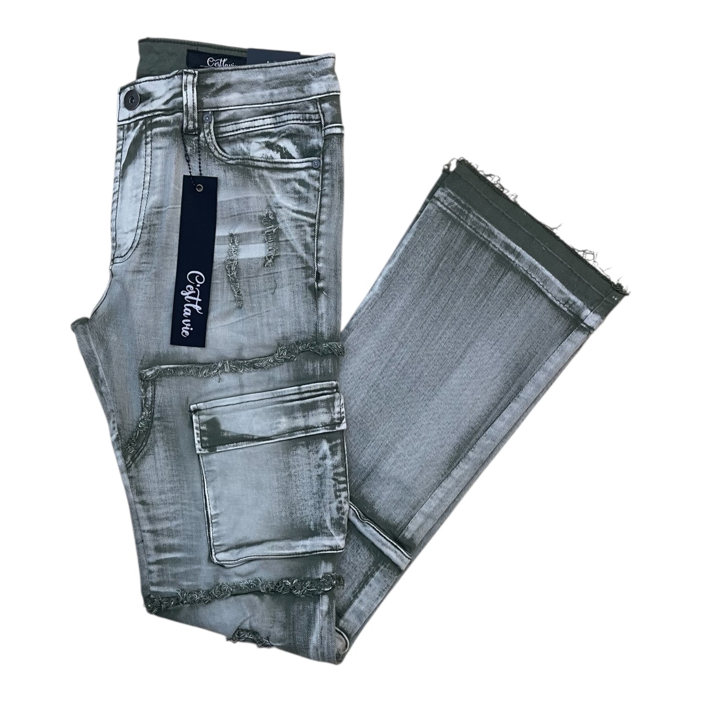 CV1013 - Olive Wash Stacked Flare Cargo Pocket Jeans