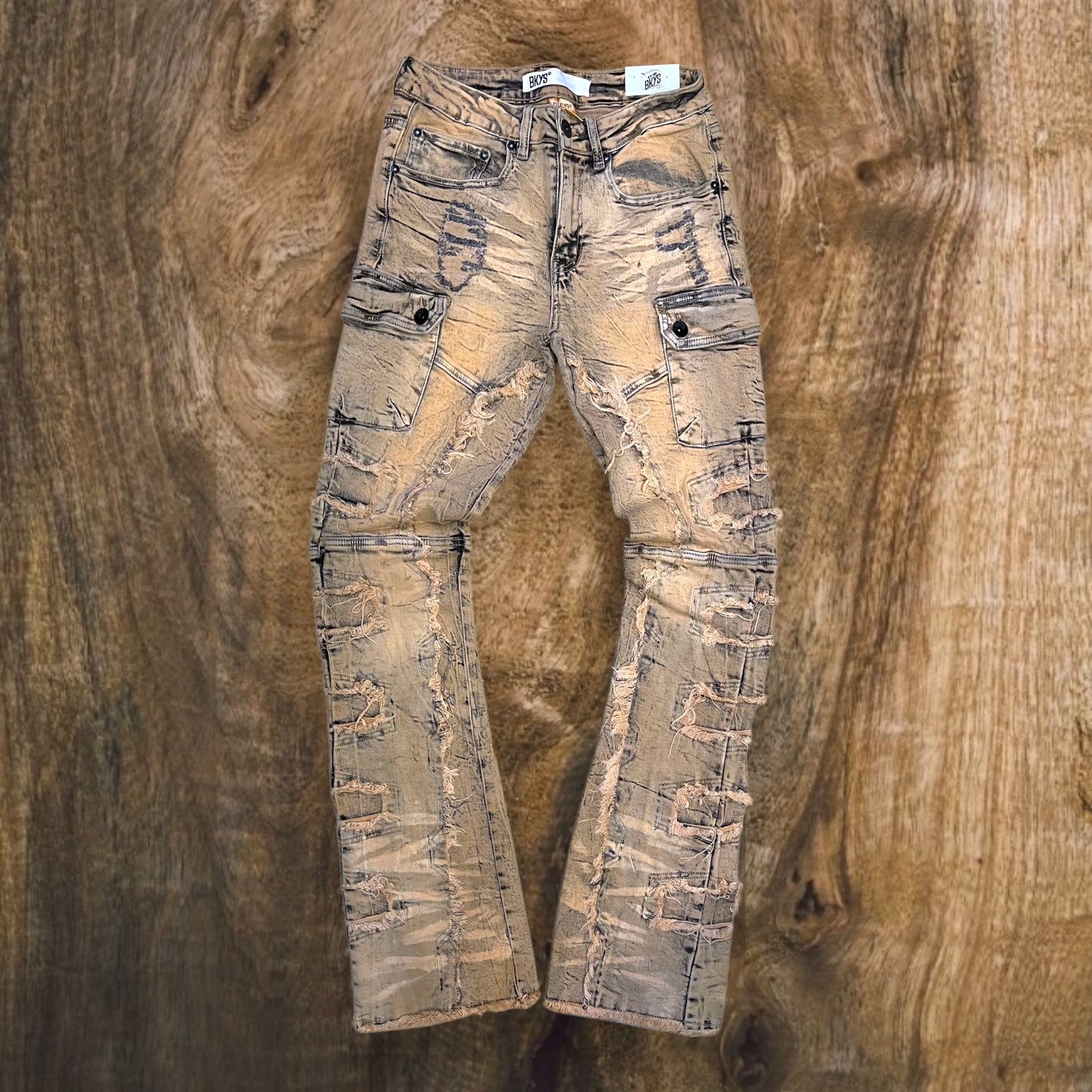 P232 - Color Washed Denim Stacked Flare Pants (Khaki)