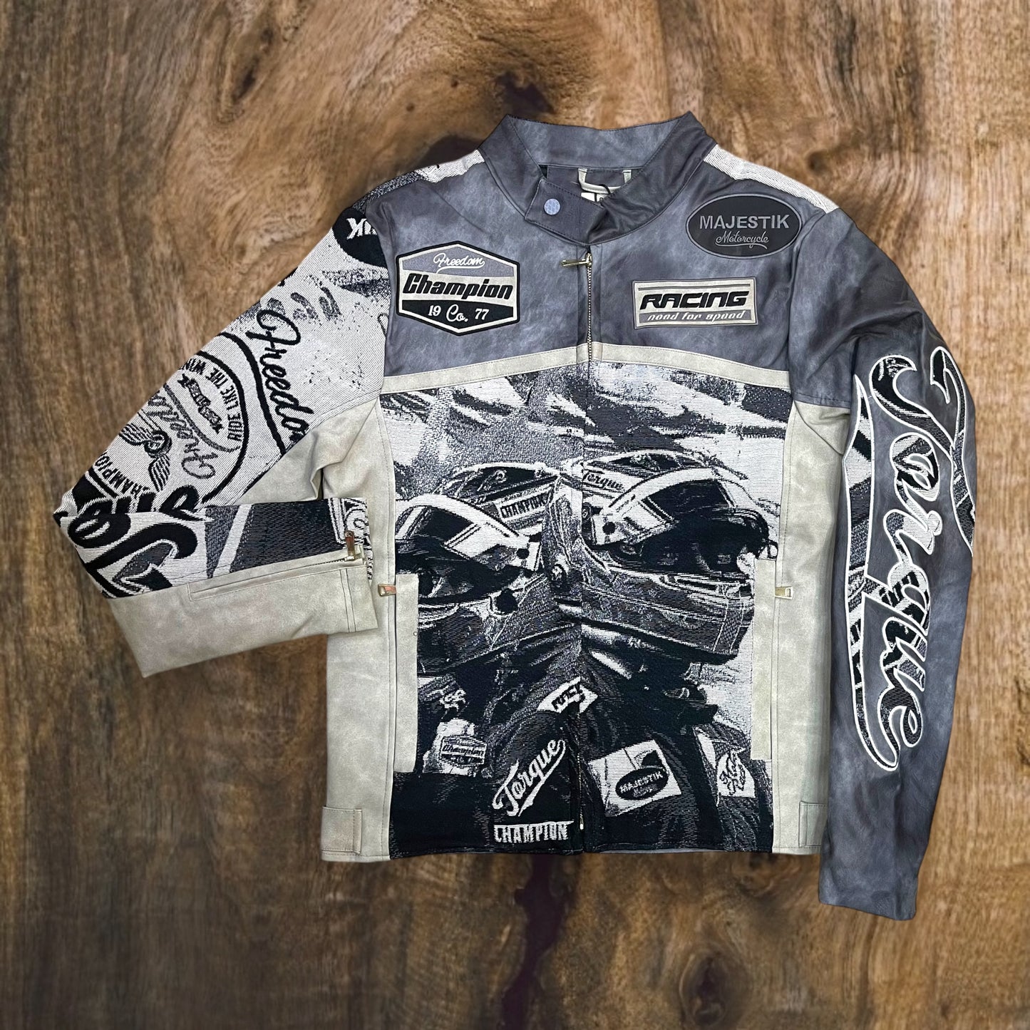 JJ2451 - Men's Tapestry Mixed Moto Racing Jacket (Grey)