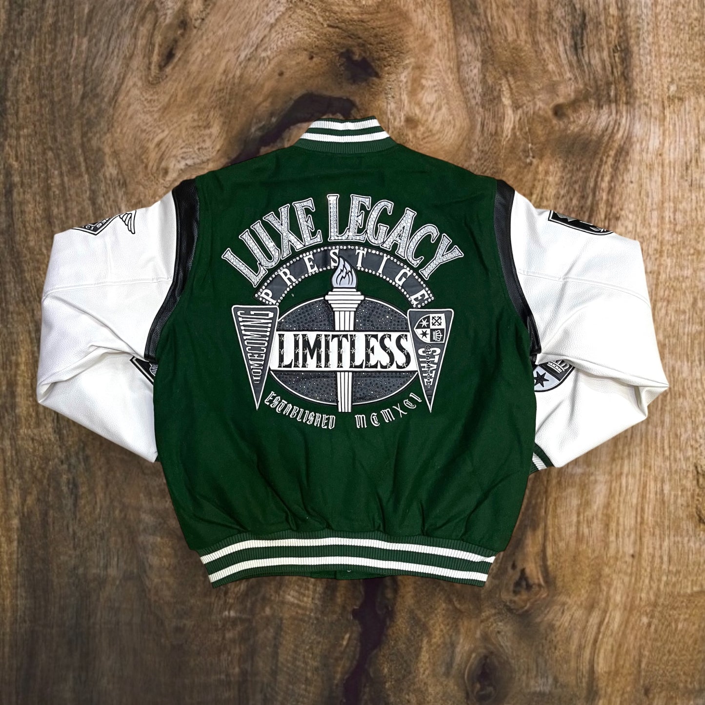 OH25697 - Luxe Legacy Wool Letterman Patchwork with Rhinestone Varsity Jacket
