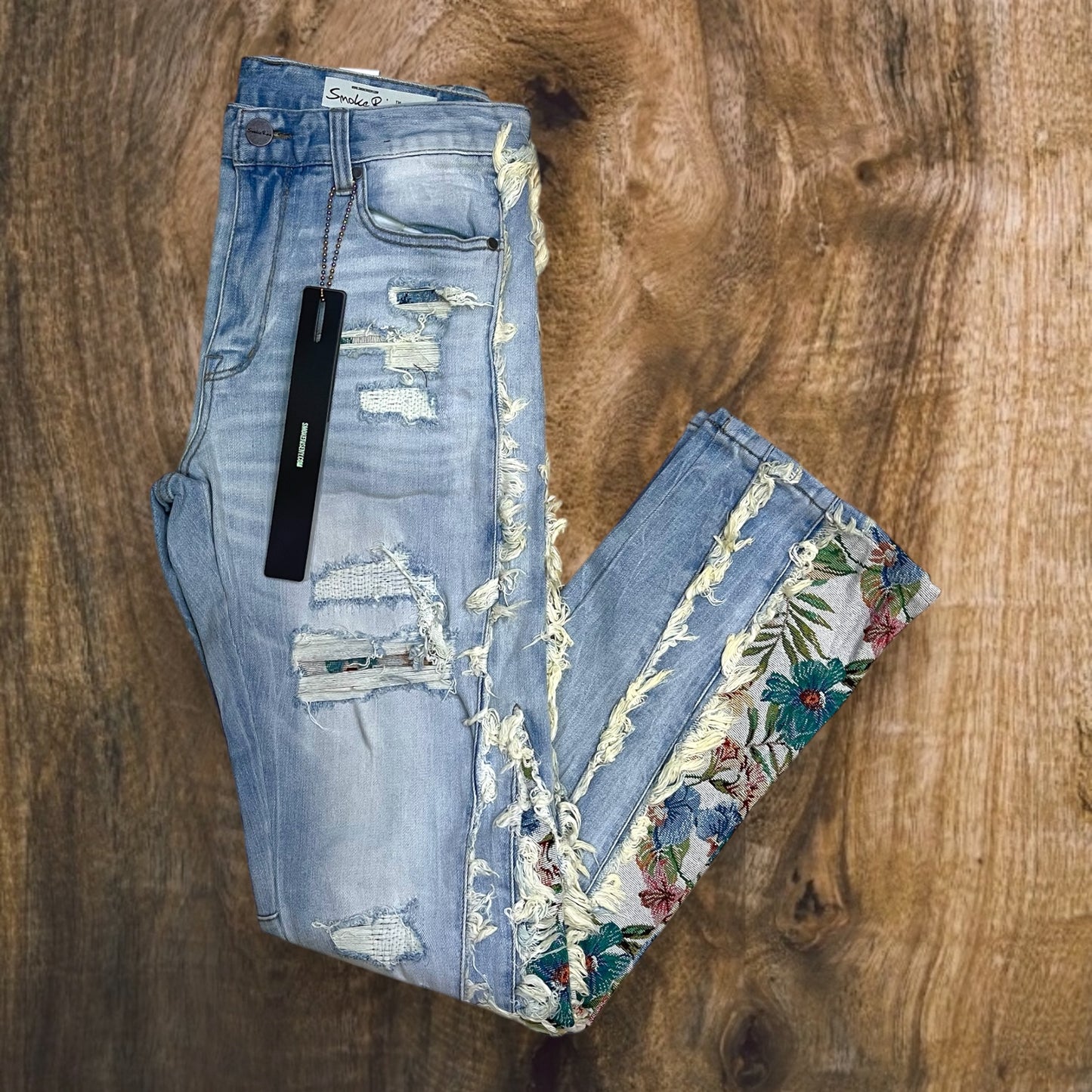 JP25113 - Premium Stacked Denim Pants with Tapestry Embo Fashion