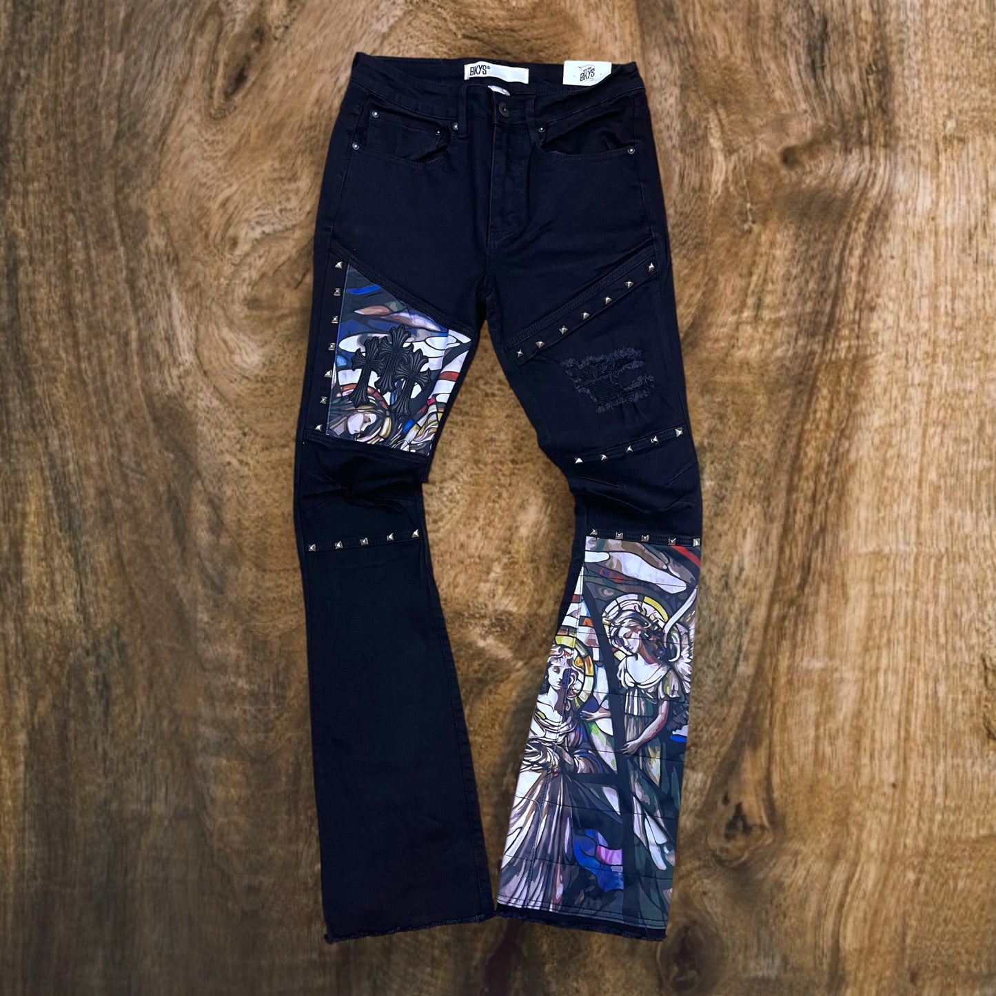 P239 - Satin Applique Stacked Flare Jeans