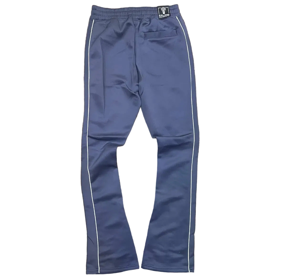 Rebel Minds blue stacked fit track pants with white side stripes and drawstring waist.