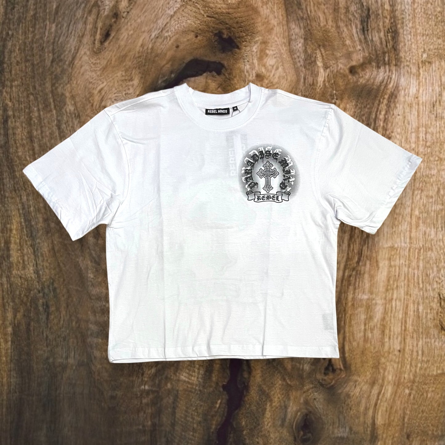 152-118 - REBEL CROSS Rhinestones Cropped Graphic T-Shirt
