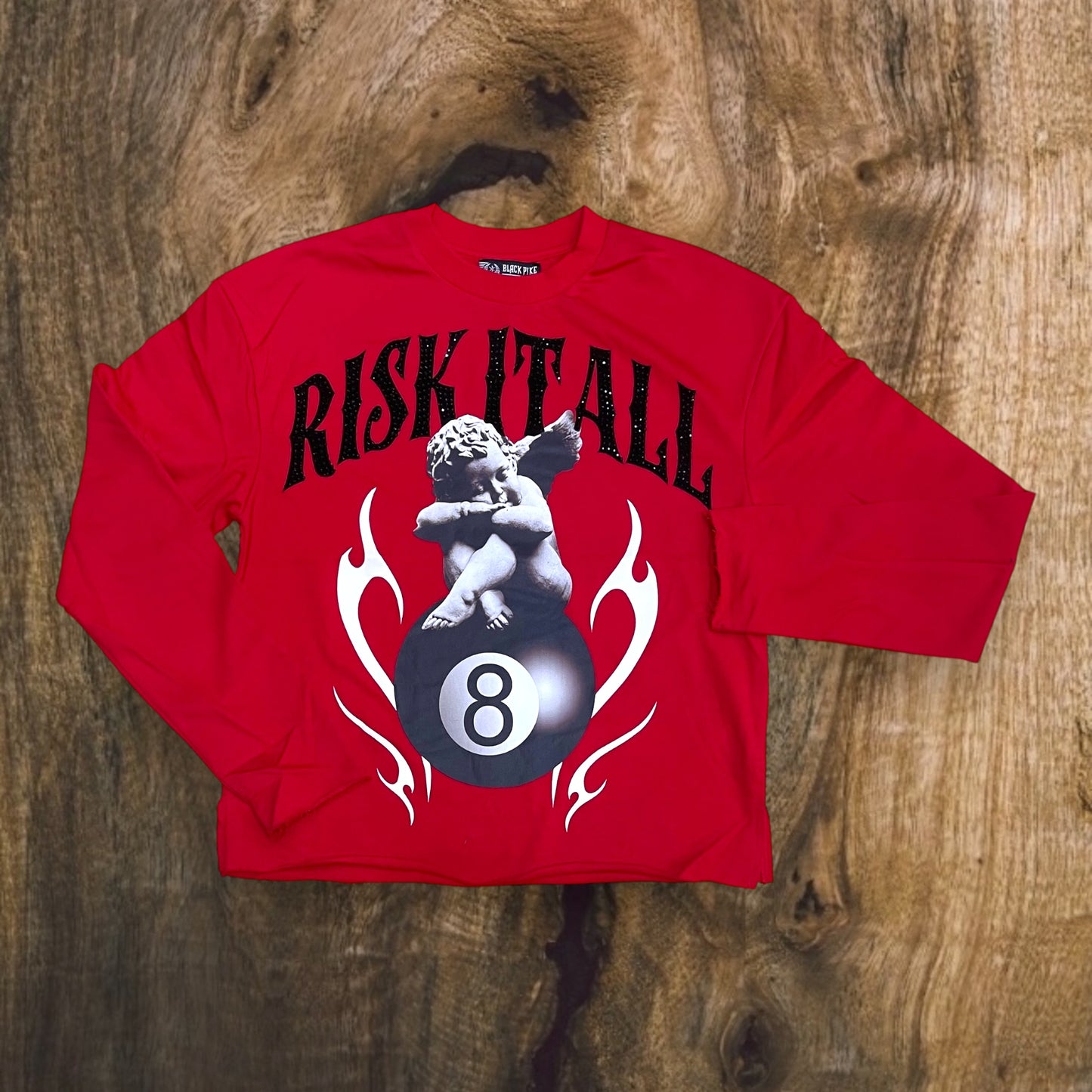 FB1506 - Risk it All Rhinestone L/S French Terry Crewneck Cropped Top