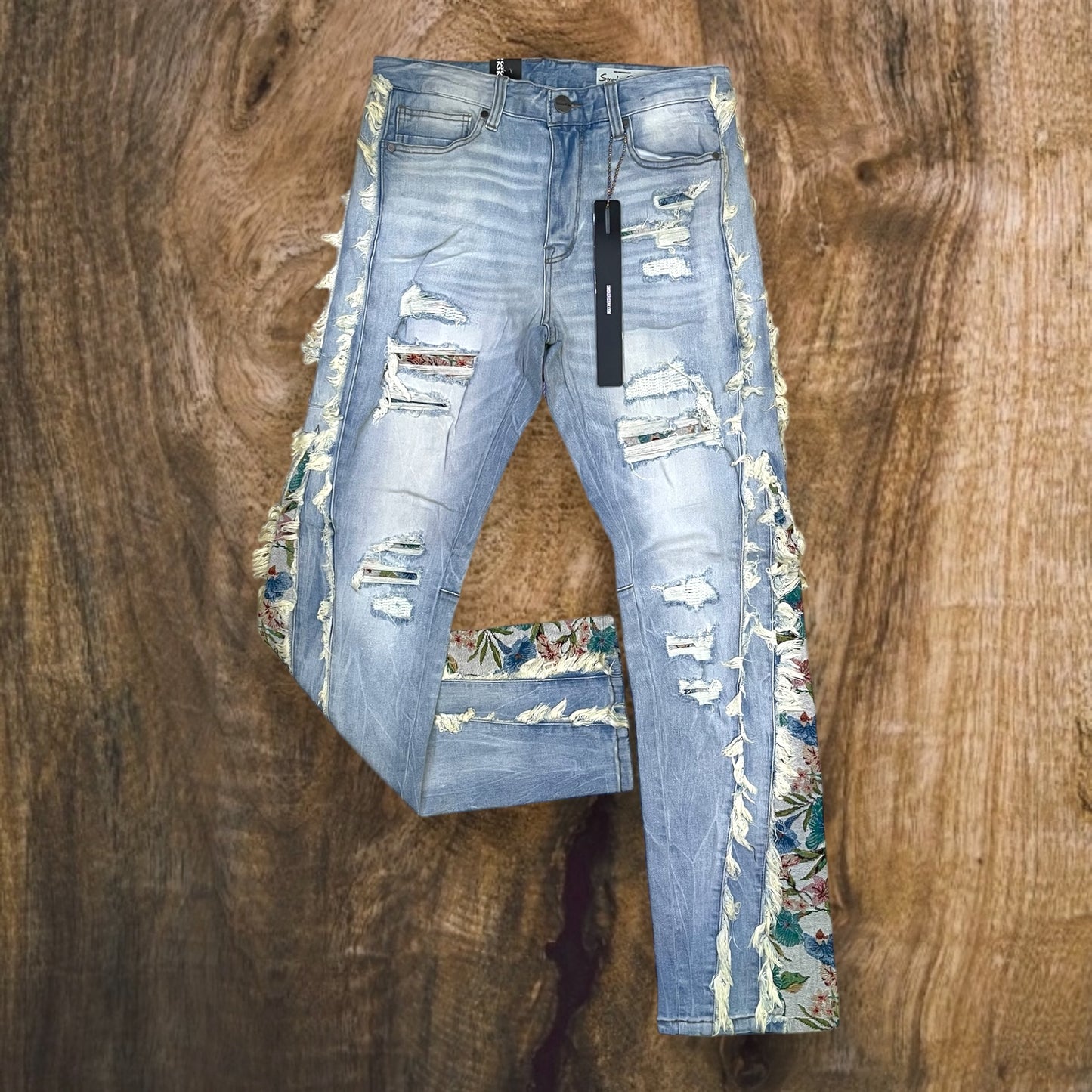 JP25113 - Premium Stacked Denim Pants with Tapestry Embo Fashion