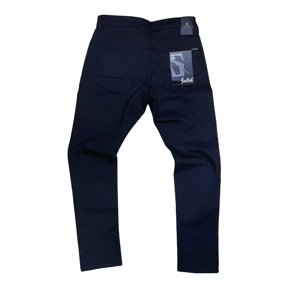 Rear view of Switch black span twill casual slim-fit stretch pants
