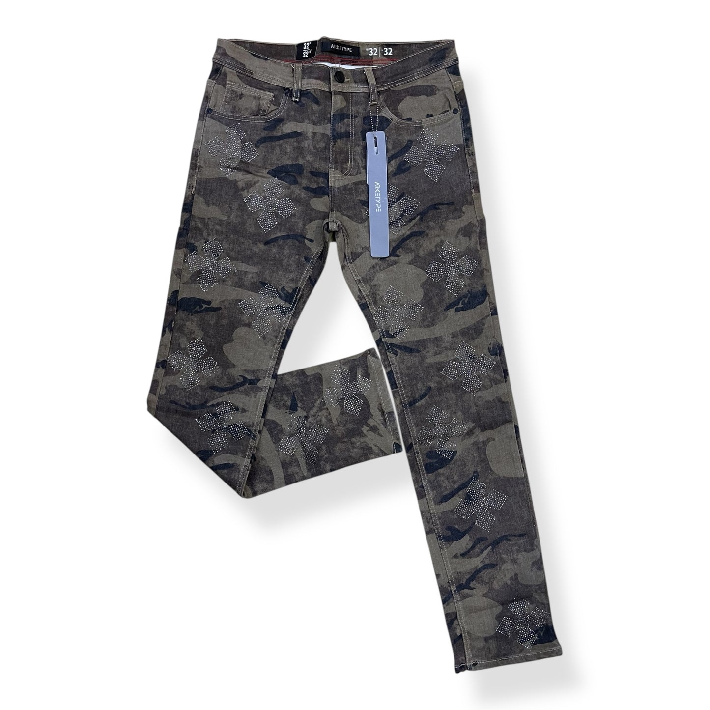 P553 - Cross Pattern Rhinestone Slim Straight-Fit Stretch Jeans