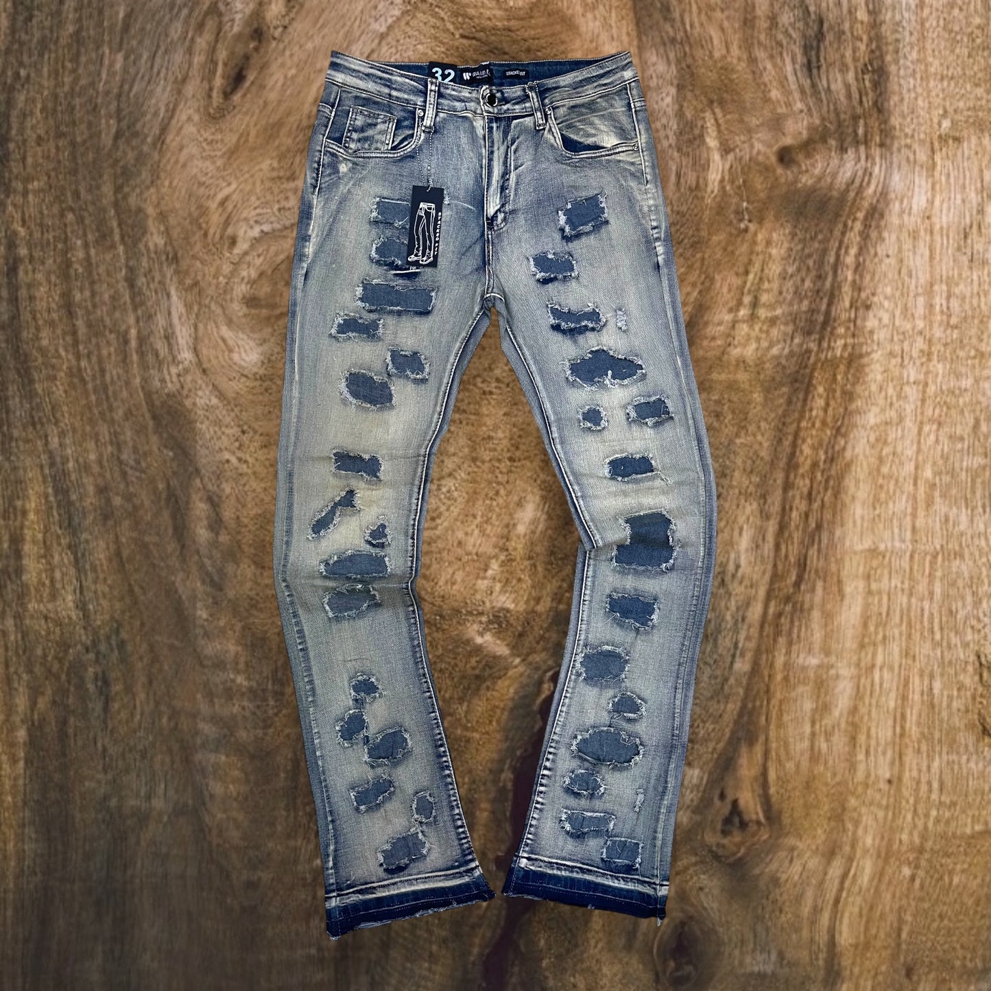 M8244D - Men's Ripped Vintage Washed Stacked Flare Jeans (Vintage Wash)