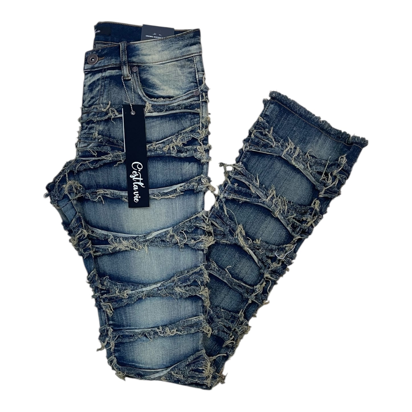 CV1006 - Shredded Heavy Frayed Layered Stacked Flared Jeans