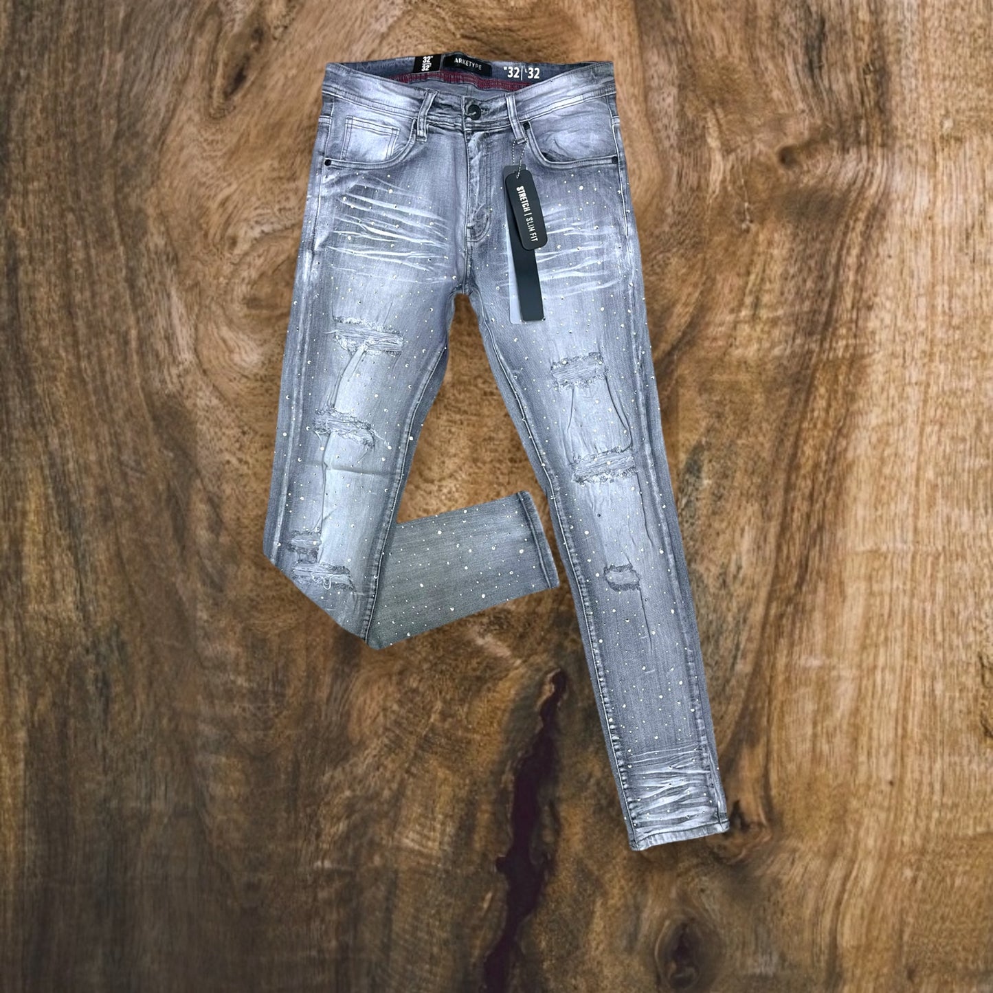 P547 - Rip & Repair All Over Rhinestone Slim-Fit Stretch Jeans