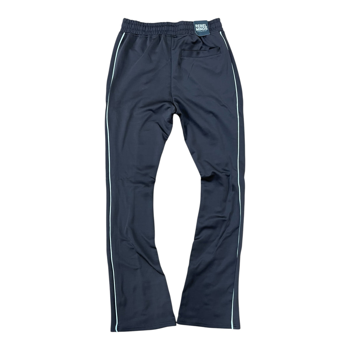 Rebel Minds navy blue track pants with white side stripes and stacked fit.
