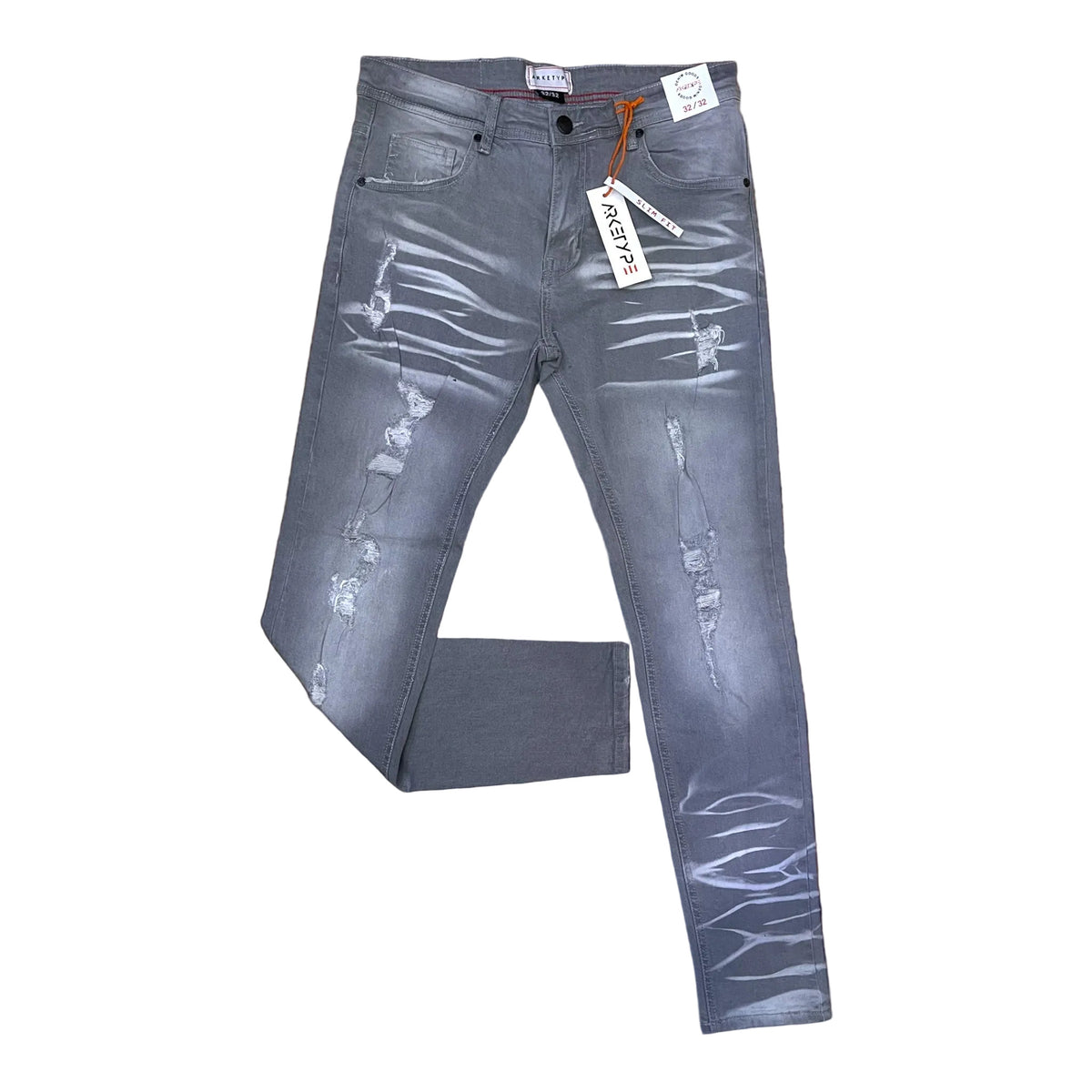 Arketype Core Ripped Slim-Fit Stretch Jeans in grey denim