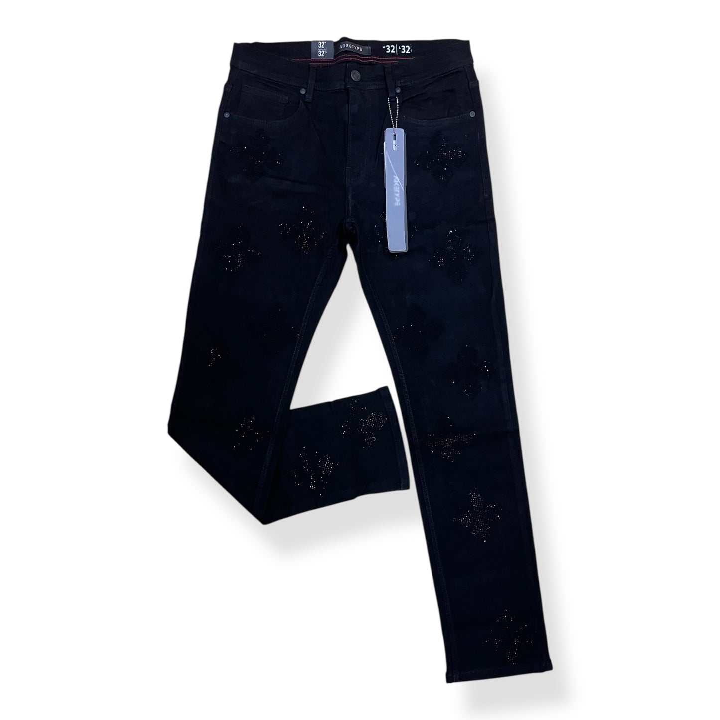 P553 - Cross Pattern Rhinestone Slim Straight-Fit Stretch Jeans