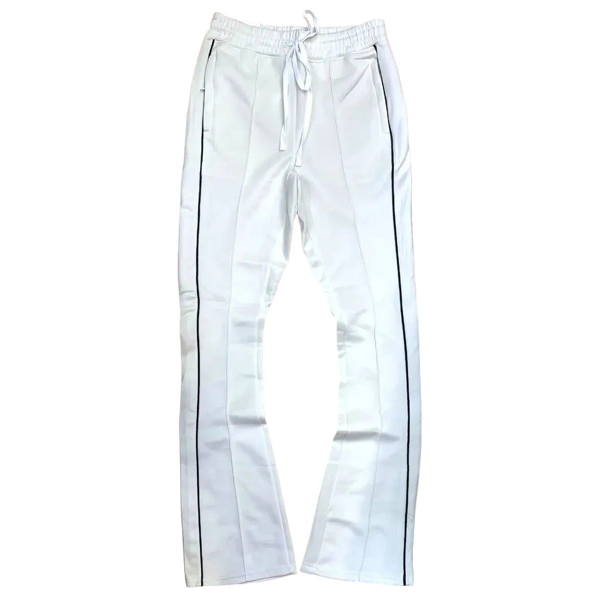Rebel Minds white stacked fit track pants with black side stripes and drawstring waist