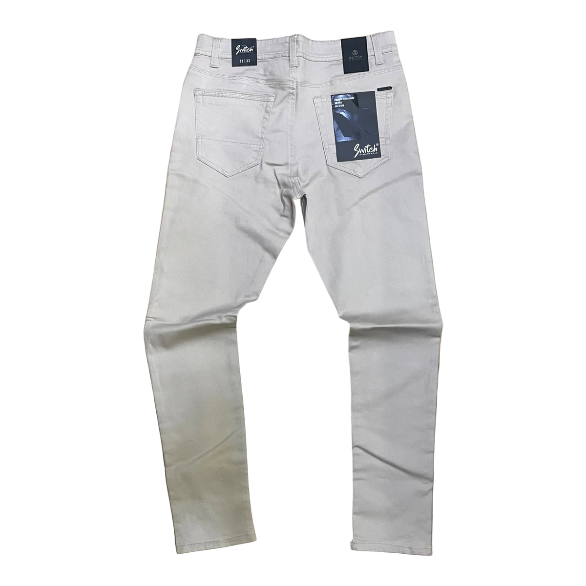 Rear view of Switch span twill casual slim-fit stretch pants in light grey.