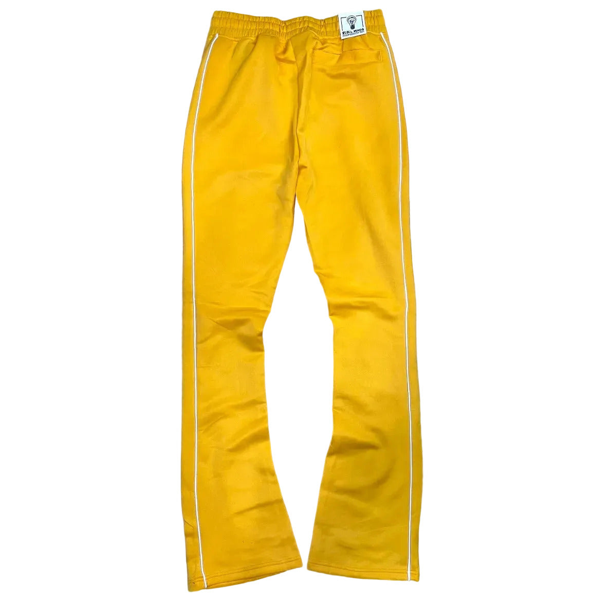Rebel Minds / Ringspun yellow track pants with white side stripes and drawstring waist.
