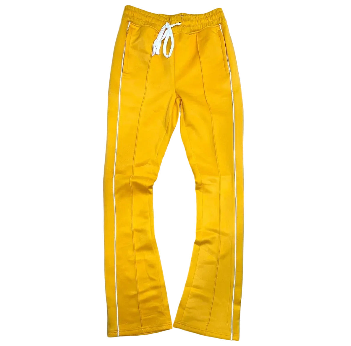 Rebel Minds yellow stacked fit track pants with white side stripes and drawstring waist.