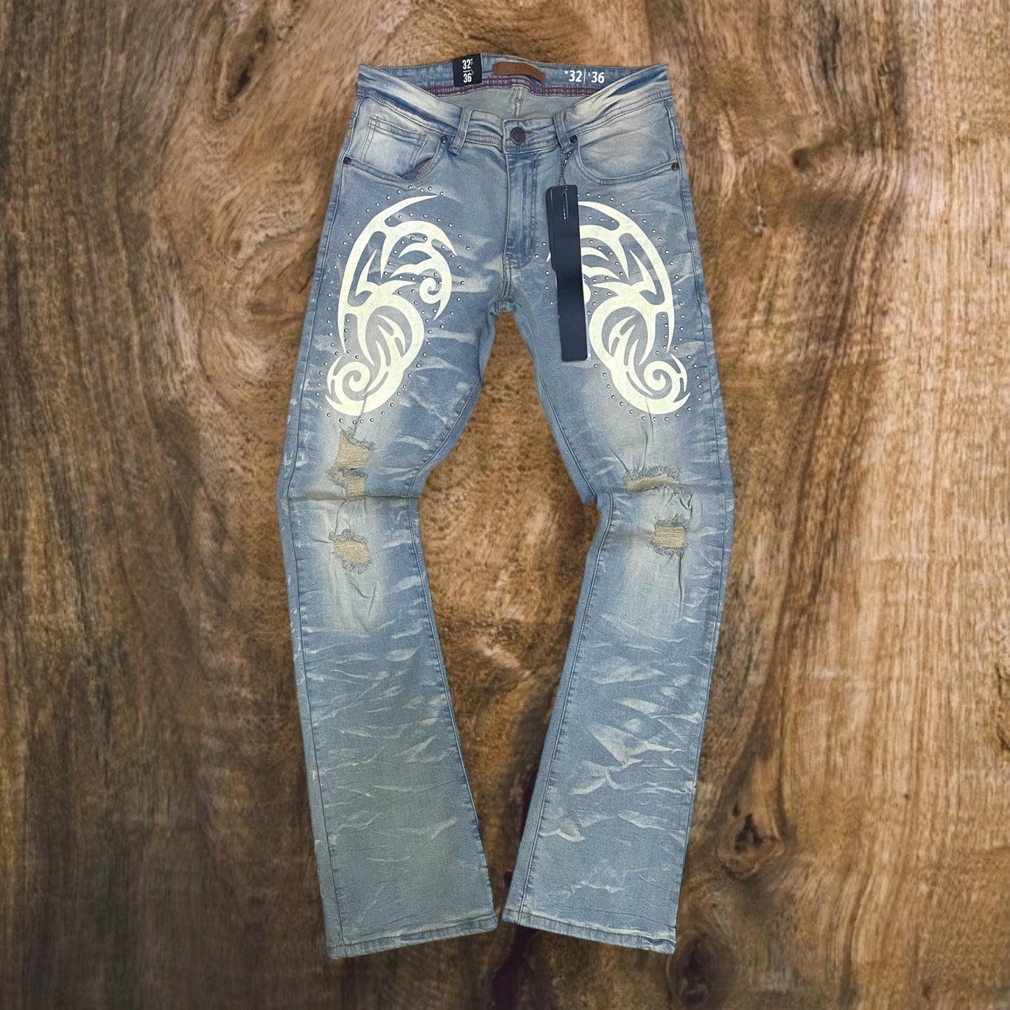 P545 - Tribal Flock with Studs Stretchable Stacked Flared Jeans