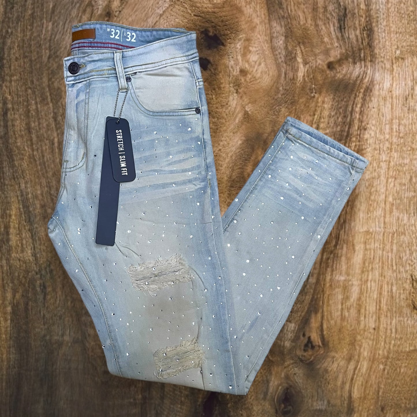 P547 - Rip & Repair All Over Rhinestone Slim-Fit Stretch Jeans