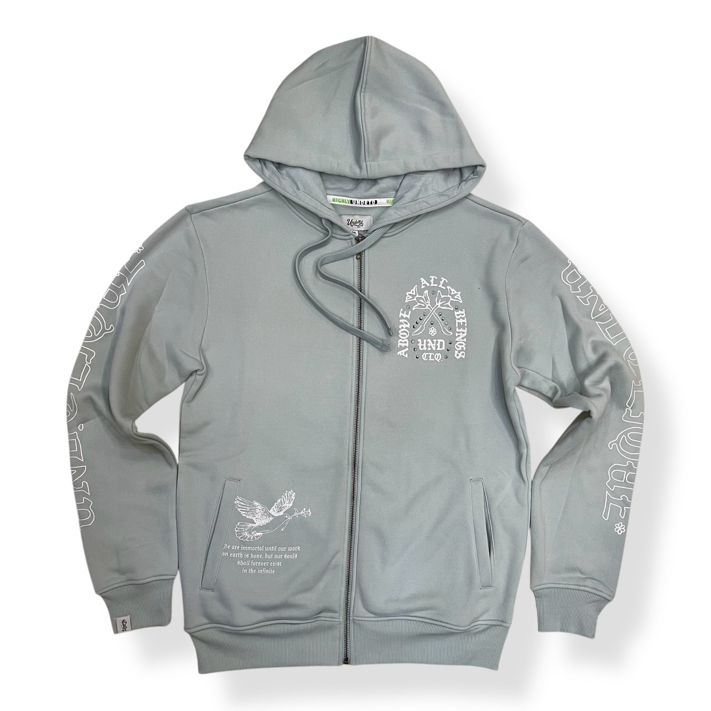 UF5604 - Above All Graphic Zip Down Rhinestone Hoodie