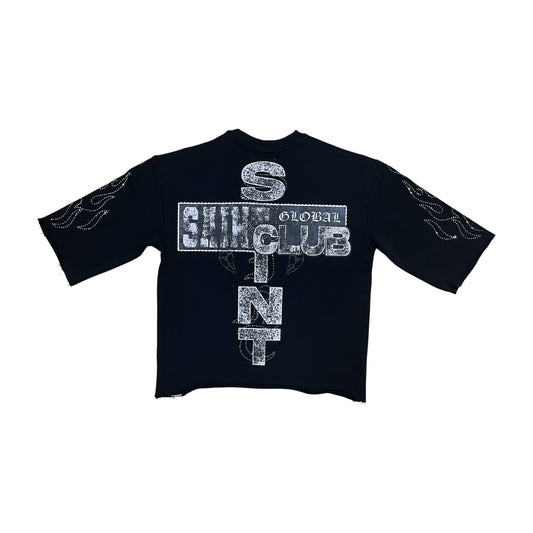 WH-HS6502 - Saint Club Global Rhinestone n Studs 3/4 Sleeve Legacy Prem Cropped Top