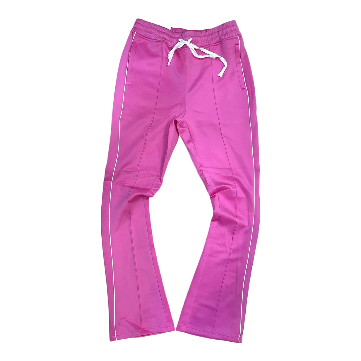 Rebel Minds pink stacked fit track pants with white side stripes and drawstring waist.