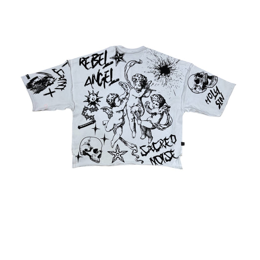 WH-SM6147 - Reborn Cropped Top with Studs Graphic T-Shirt