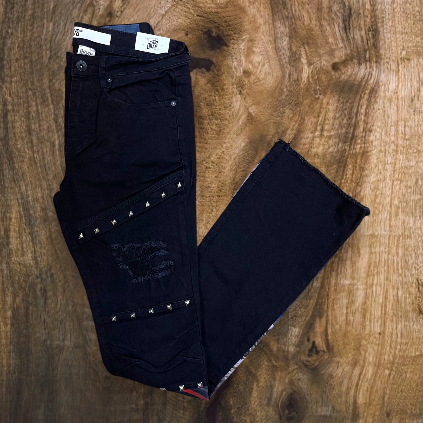 P239 - Satin Applique Stacked Flare Jeans