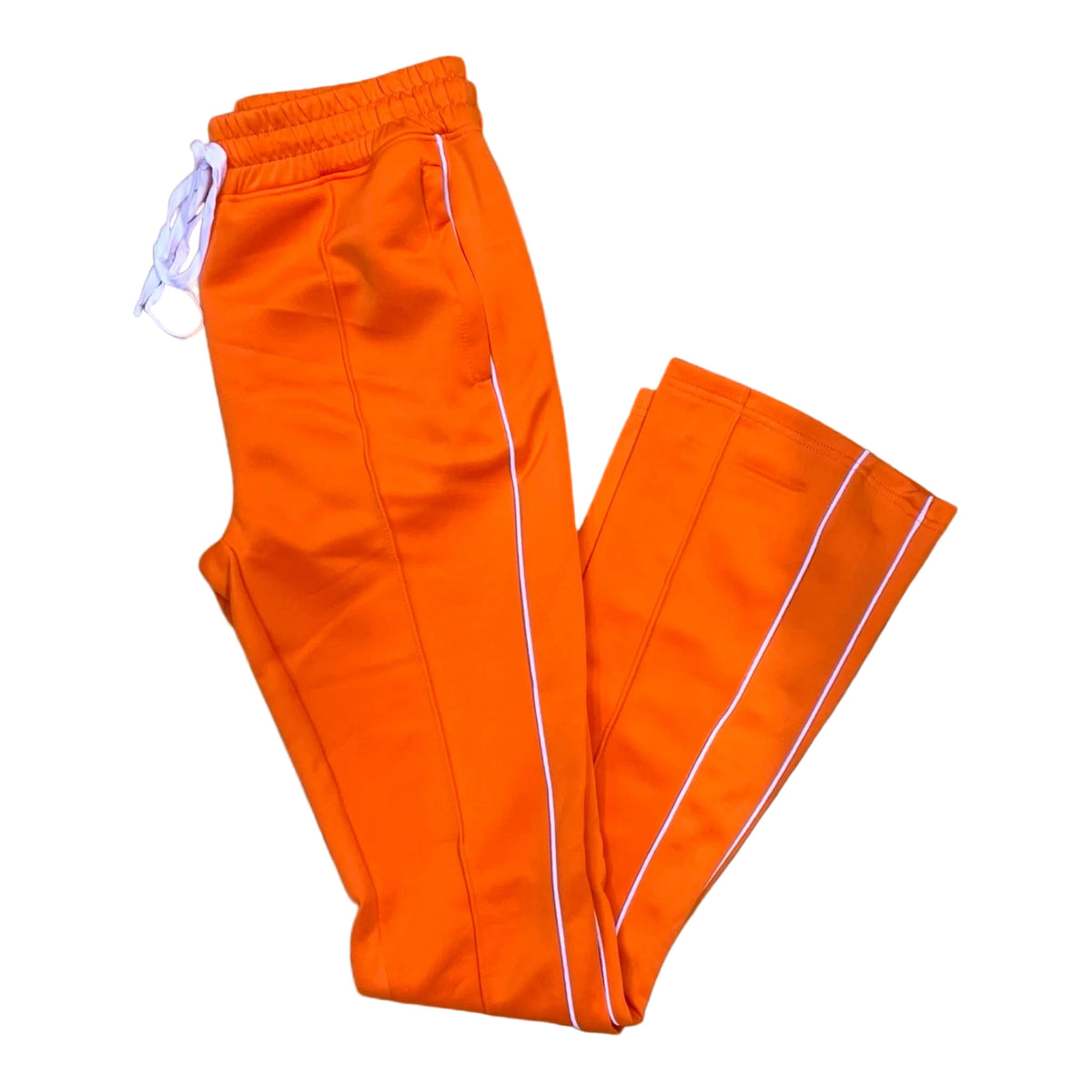 Rebel Minds orange stacked fit track pants with white side stripes and drawstring waist.