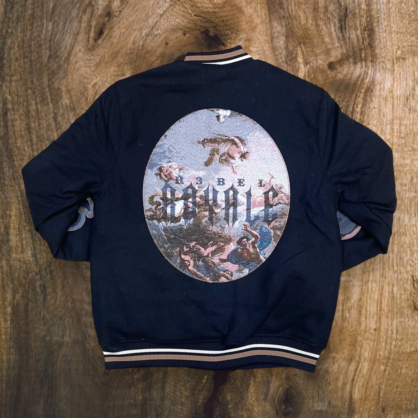 642-551 - R3bel "The World is Yours " Tapestry Patch Varsity Jacket