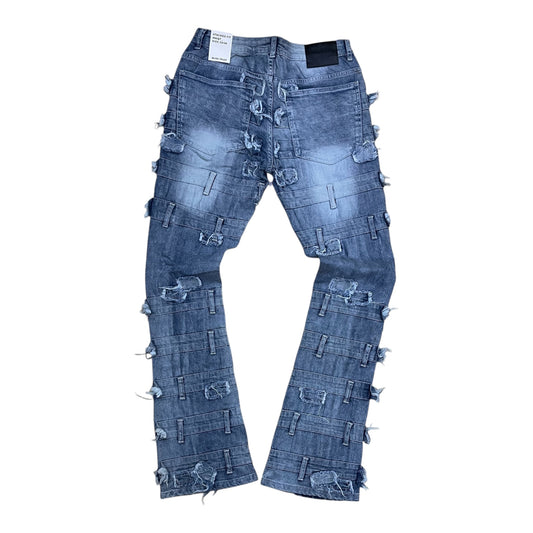 BTP25892 - Belted Pattern Stacked Flare Jeans