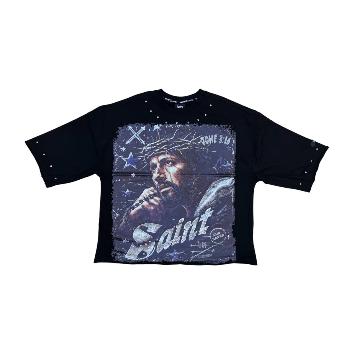 WH-SW6155 - Saint with Studs Cropped Top Graphic T-Shirt