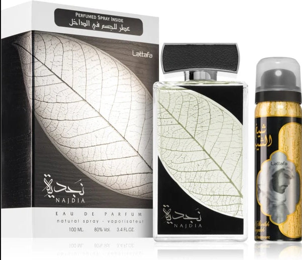 Lattafa Najdia 2 Piece Set for Men (3.4 Ounce Eau de Parfum + 1.7 Ounce Deodorant Spray)