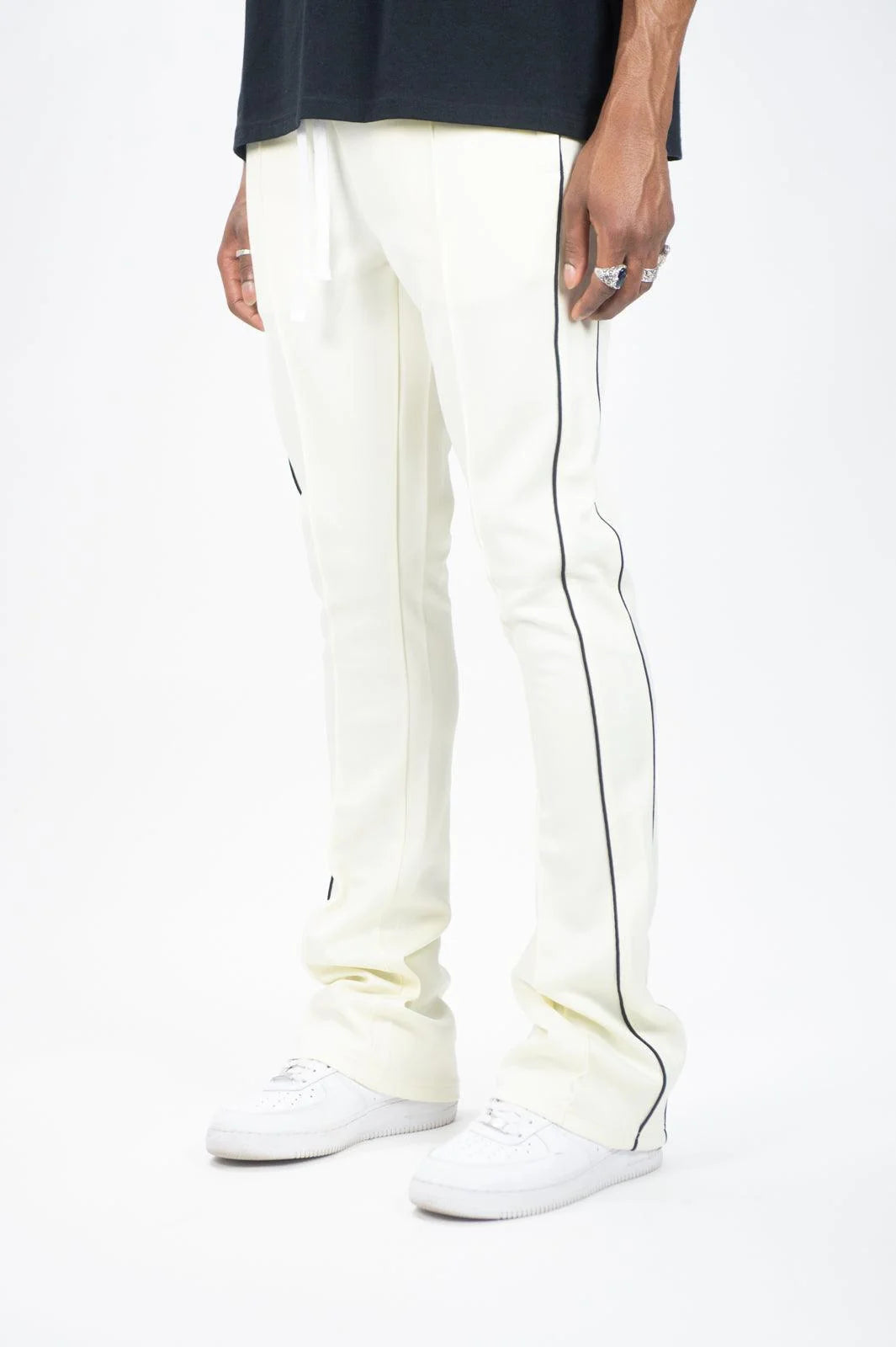 Rebel Minds / Ringspun white stacked fit track pants with side stripe and drawstring.