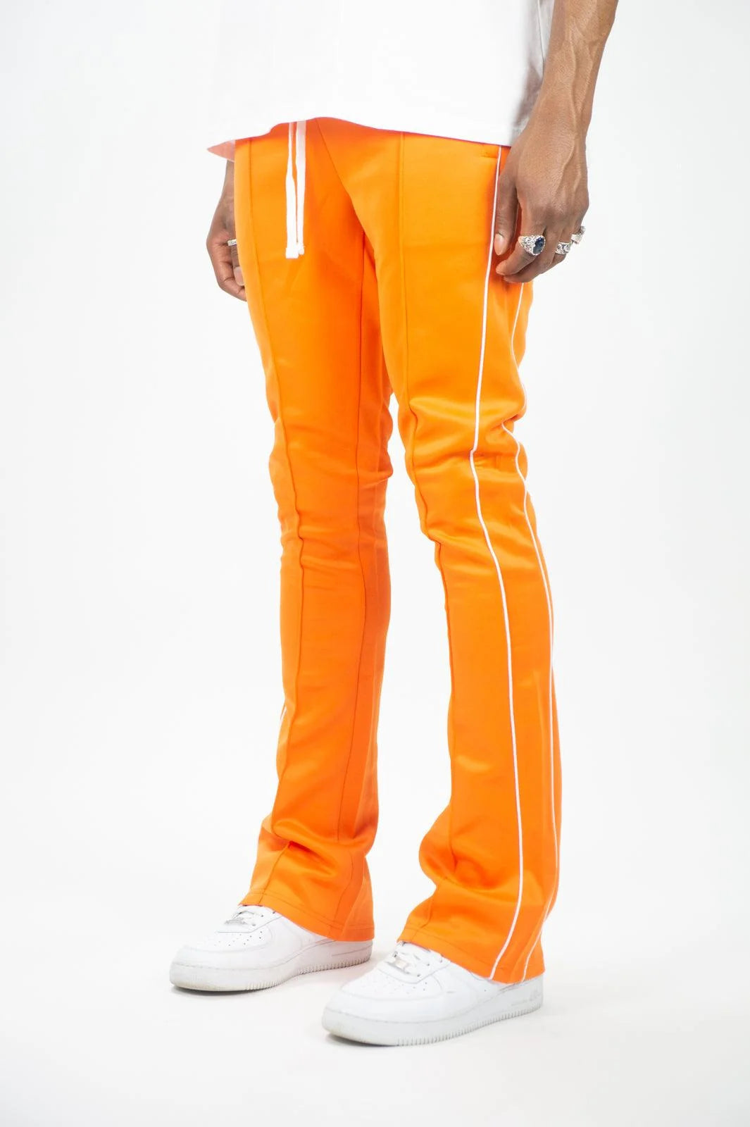 Rebel Minds orange stacked fit track pants with white side stripes and drawstring.