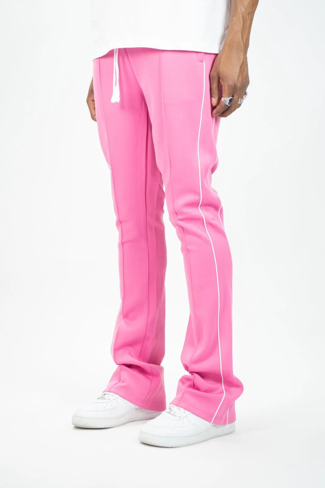 Rebel Minds pink stacked fit track pants with white side stripes and drawstring.