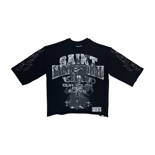 WH-HS6502 - Saint Club Global Rhinestone n Studs 3/4 Sleeve Legacy Prem Cropped Top
