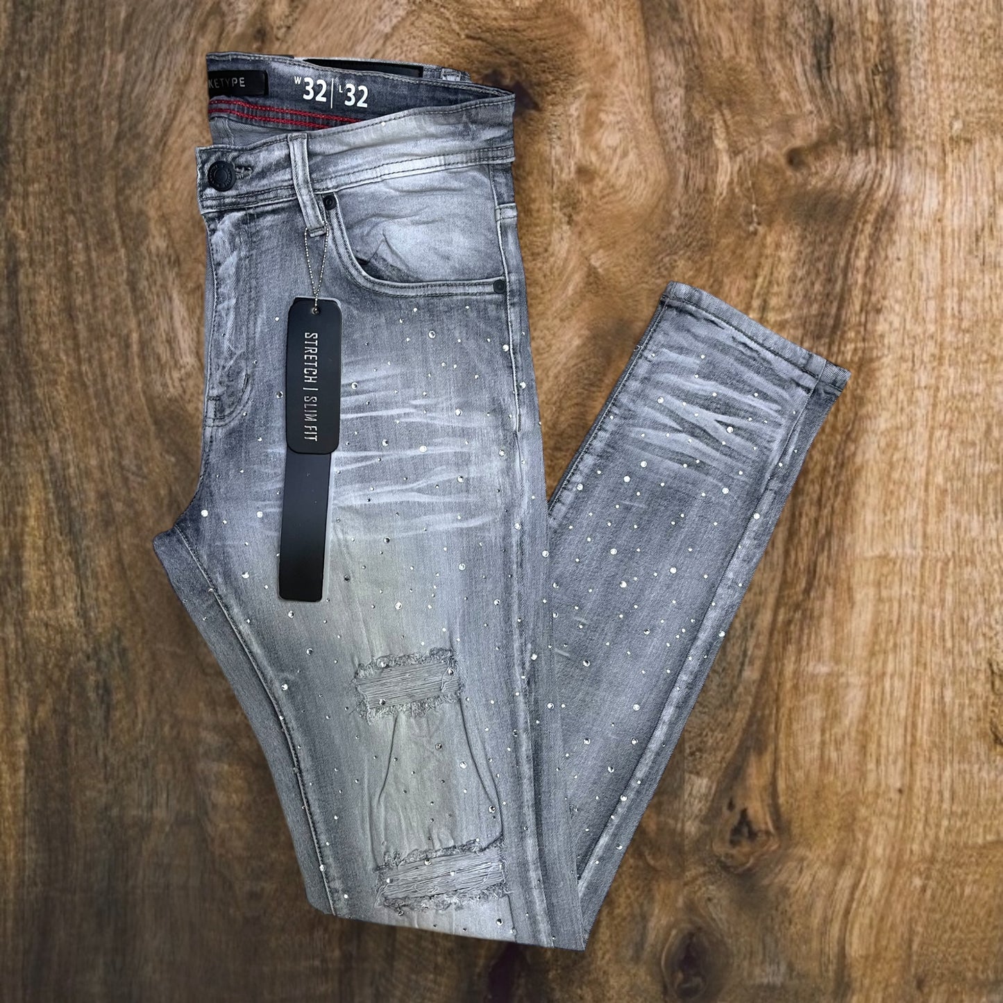 P547 - Rip & Repair All Over Rhinestone Slim-Fit Stretch Jeans