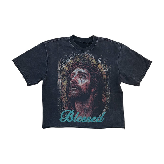 WH-610-11143 - Blessed Jesus Digital Cropped with Rhinestone Graphic T-Shirt