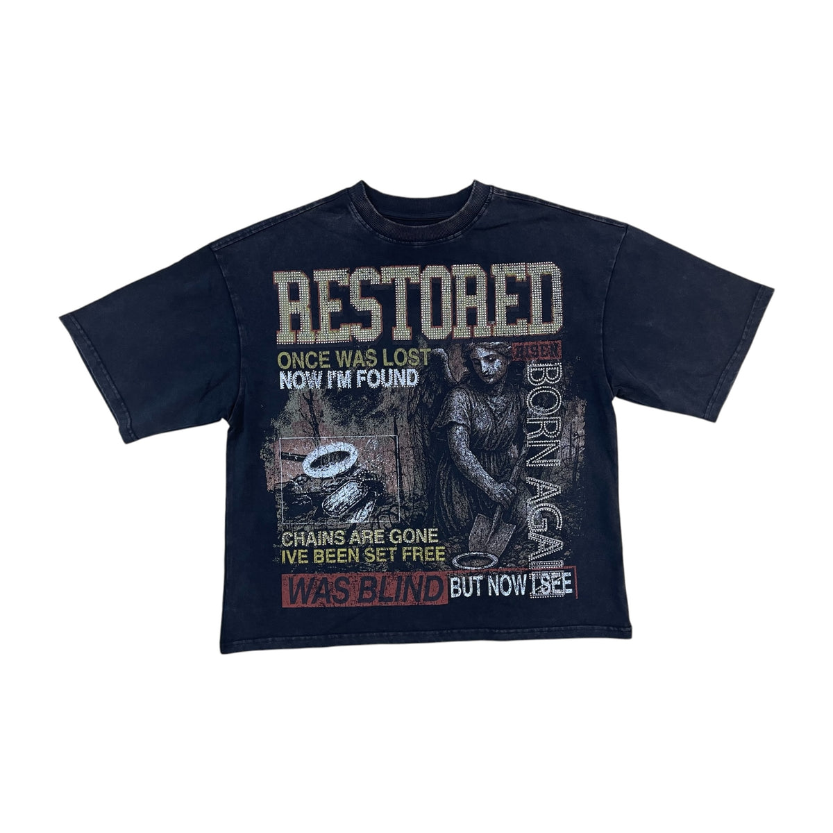 WH-T2677 - Restored Born Again with Rhinestone Boxy Graphic T-Shirt