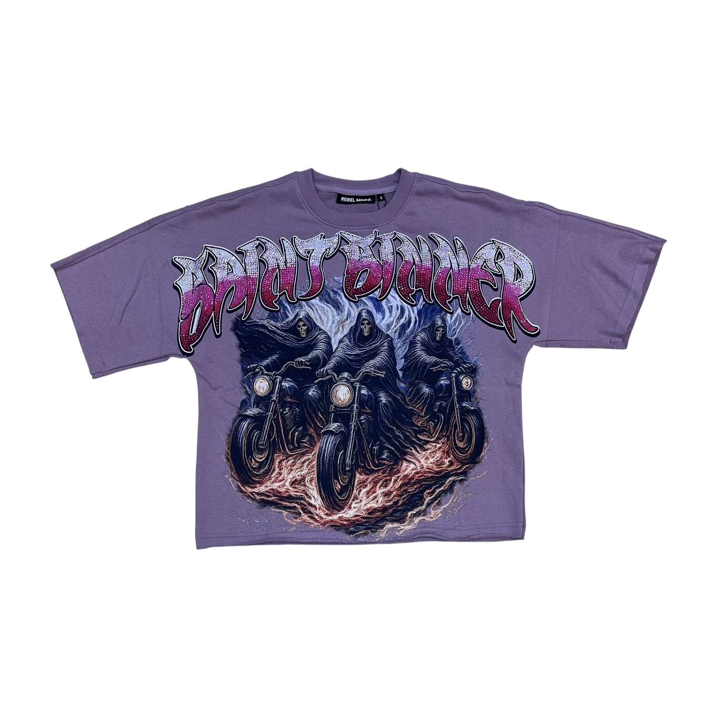 610-11168 - Flame Bikes Digital Rhinestone French Terry Cropped Graphic T-Shirt