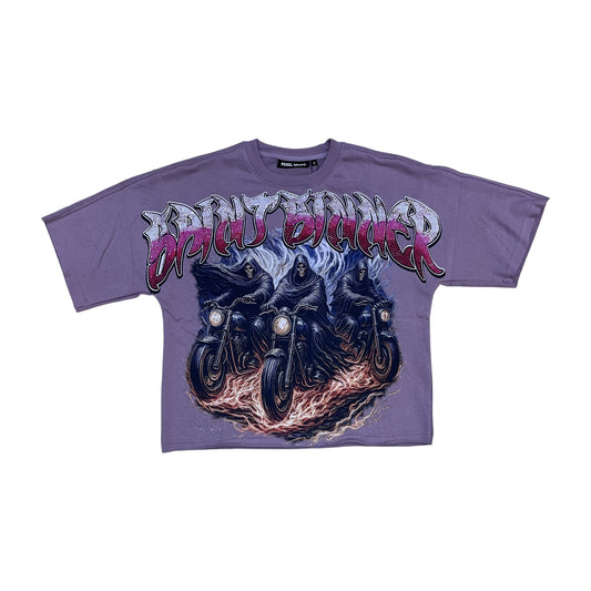 610-11168 - Flame Bikes Digital Rhinestone French Terry Cropped Graphic T-Shirt