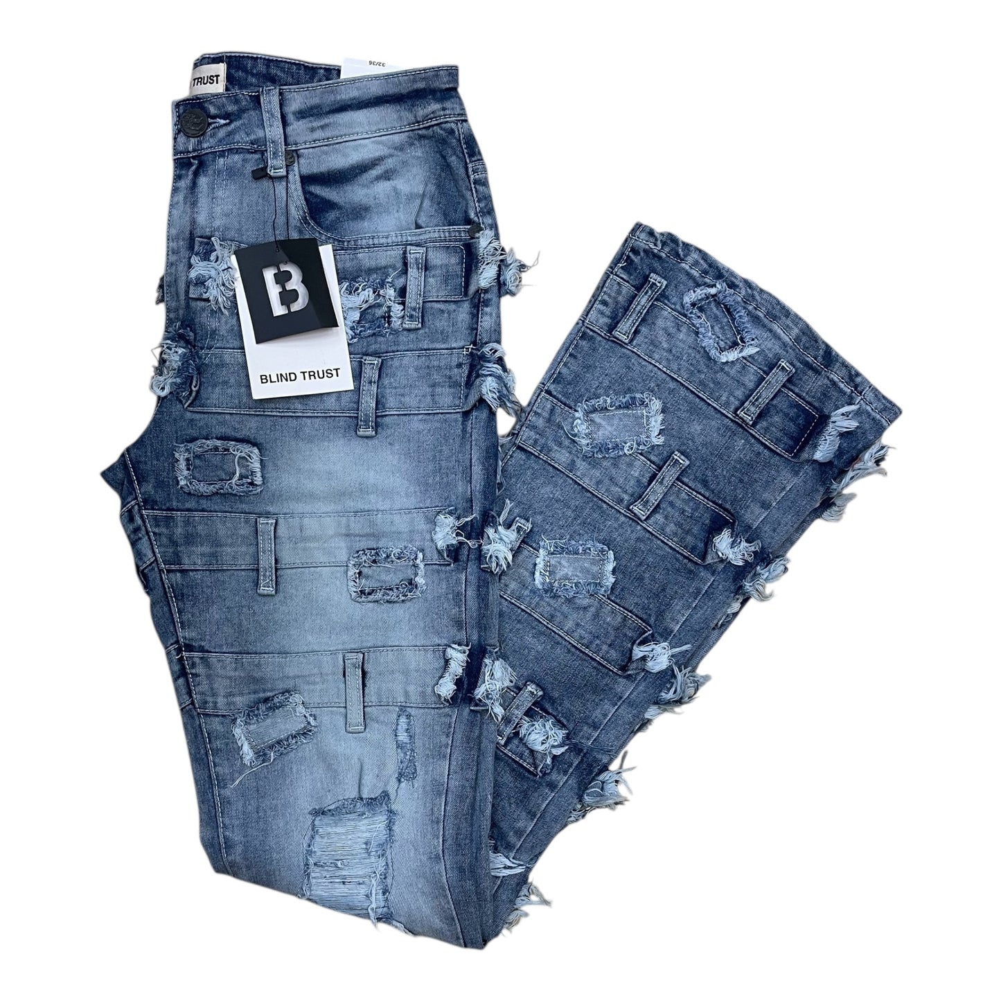 BTP25892 - Belted Pattern Stacked Flare Jeans