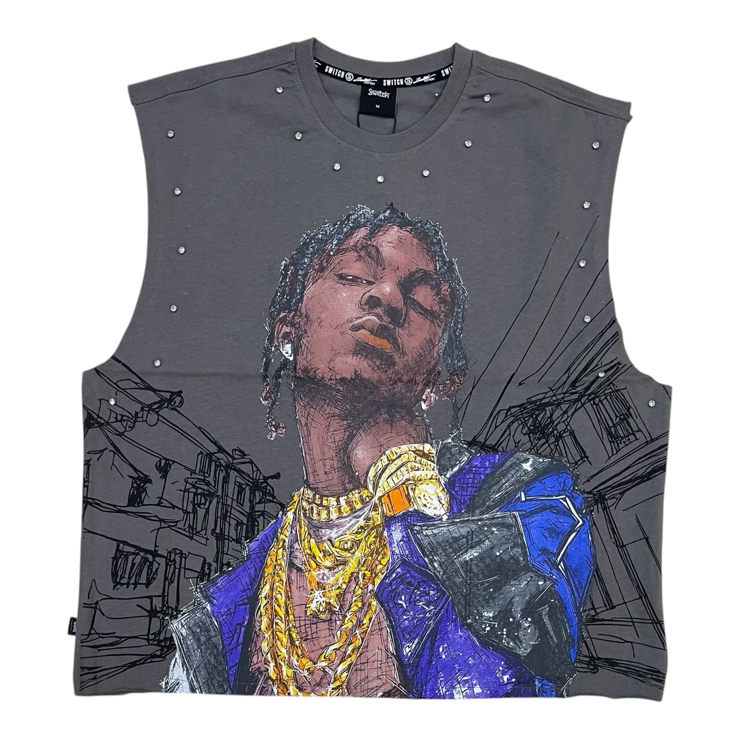 WH-SM6178 - No Fix Just Form Sleeveless Studded Graphic T-Shirt